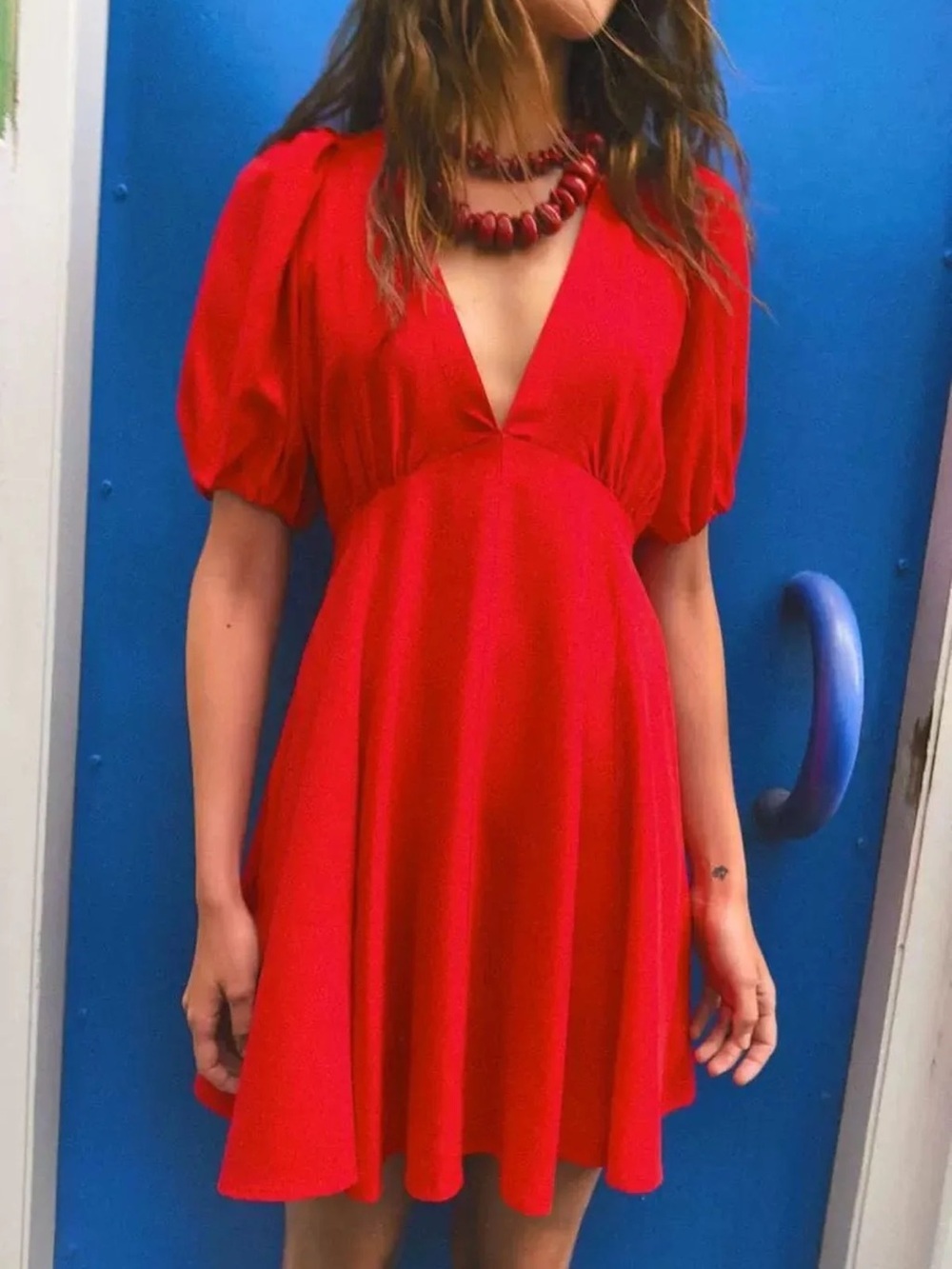 NWOT Zara Red V-Neck Puff Sleeve Dress sz M